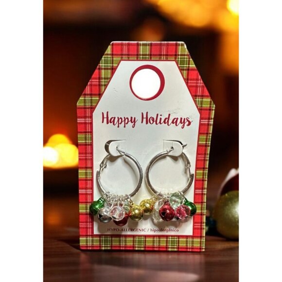 Christmas Hypoallergenic Holiday Hoop Earrings With Festive Bells Beads - Picture 1 of 6